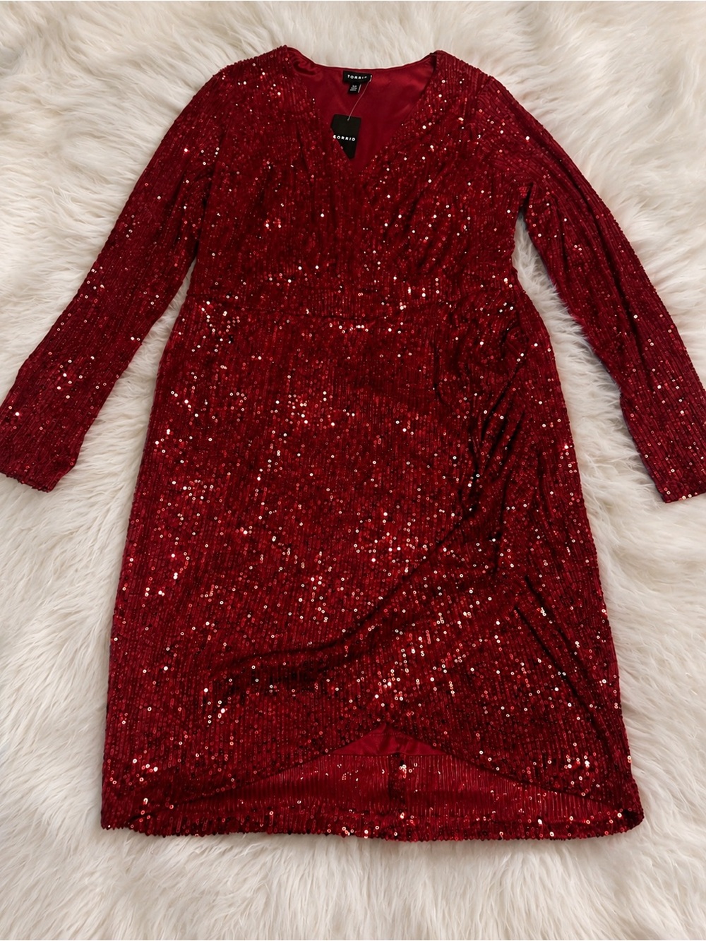 Torrid Red Sequin V-Neck Long Sleeve Dress